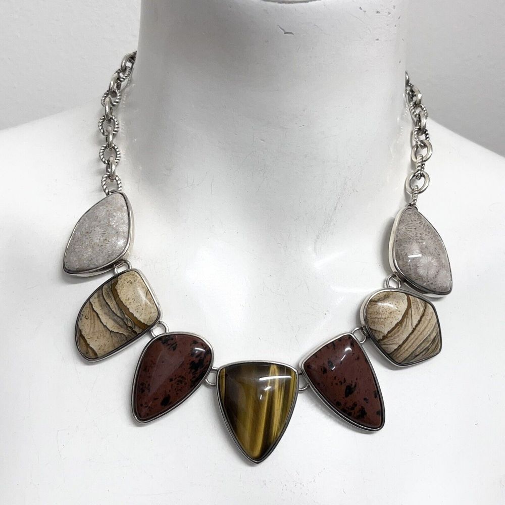 WK Whitney Kelly Sterling Stone Necklace 7 Large Stones Statement 18" 19" or 20"